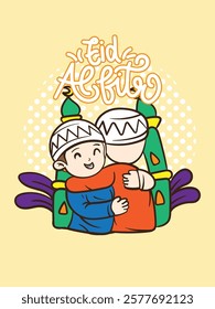 eid mubarak doodle with kids cartoon character