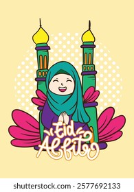 eid mubarak doodle with kids cartoon character