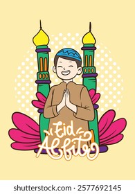 eid mubarak doodle with kids cartoon character