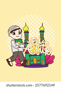 eid mubarak doodle with kids cartoon character