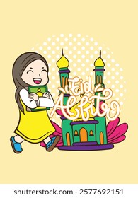 eid mubarak doodle with kids cartoon character