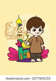 eid mubarak doodle with kids cartoon character