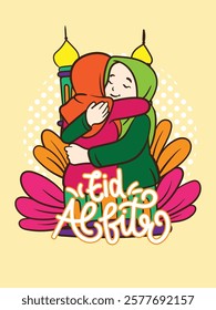 eid mubarak doodle with kids cartoon character