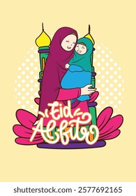 eid mubarak doodle with kids cartoon character