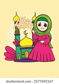 eid mubarak doodle with kids cartoon character