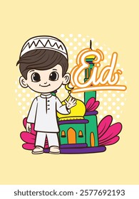 eid mubarak doodle with kids cartoon character