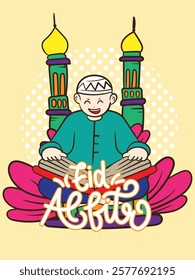 eid mubarak doodle with kids cartoon character