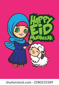 eid mubarak doodle with kids cartoon character lebaran