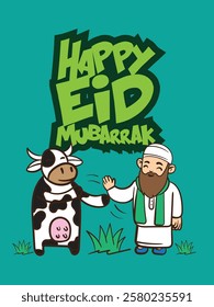 eid mubarak doodle with kids cartoon character lebaran