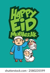 eid mubarak doodle with kids cartoon character lebaran