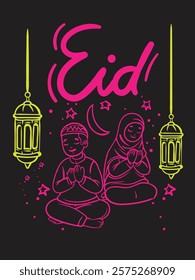 eid mubarak doodle with neon color night club