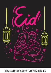 eid mubarak doodle with neon color night club