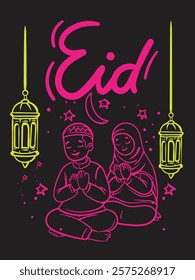 eid mubarak doodle with neon color night club