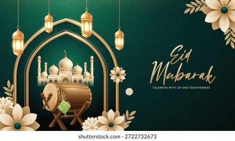 Elegante fondo islámico de Eid Mubarak con mezquita y tambor de bedug tradicional