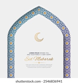 Eid Mubarak modelo elegante de postagem de mídia social com padrão islâmico e arcada