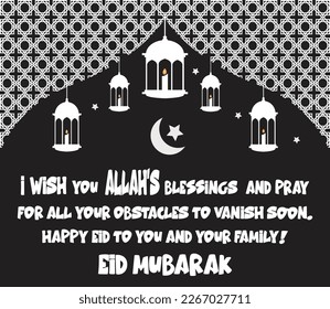 Eid Mubarak, English text greetings card,
Islamic religion holiday festival, arch mosque, set of crescent star lantern candle elements, poster, banner, flyer, wish, eps10, Illustration, black, white. 