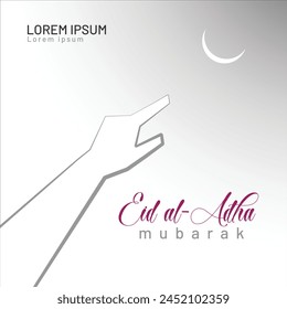 Eid Mubarak English Typography. Eid ul-Adha. Religious holiday. A hand showing the moon. Concept Design