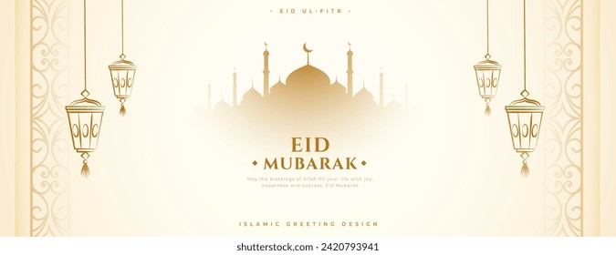 eid mubarak eve banner de vacaciones con linterna colgante vectorial