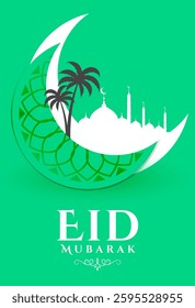eid mubarak event green template with papercut moon vector