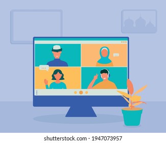 Eid Mubarak family conference call, Islamic holidays concept, virtual call due to covid19 corona virus, Communication Technology, Lebaran Tradition flat design