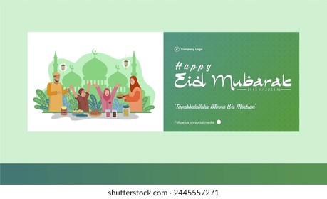 Eid mubarak family gathering and eating together illustration. Design with moslem family, foods and snacks, mosque, logo and social media spot. Hari Raya Idul Fitri 1445 H