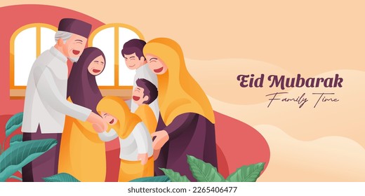 Eid Mubarak Family Gathering Illustration With Muslim Elder Parents and Kids Together Smile Full of Happiness