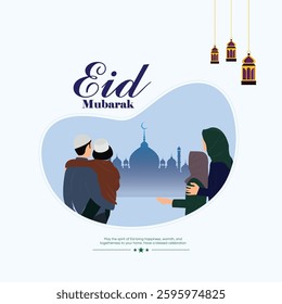 Eid Mubarak Family Illustration, Father and Child Embracing, Mother Offering Gift, Mosque Silhouette, Hanging Lanterns, and Festive Greetings on a Clean White Background.