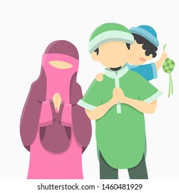 Eid mubarak family vector illustration. Eid al fitr fahter mother and child picture.