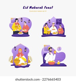 Eid mubarak conjunto de etiquetas de ilustraciones de festín