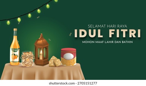 Mesa de festa Eid Mubarak com biscoitos indonésios e arranjo de lanterna com luzes de corda cintilante. Eid Mubarak Poster Design Ilustração Vetorial. Tradução: Happy Eid Mubarak