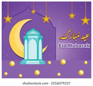 Eid Mubarak  featuring a crescent moon, stars, and lantern on a purple background, symbolizing celebration, joy, and Islamic traditions. Flat vector modern illustration  