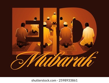 Eid Mubarak, featuring Muslim men praying inside the bold EID typography, illuminated with warm golden light. Represents Islamic faith, Eid celebrations, community prayers, and festive greetings