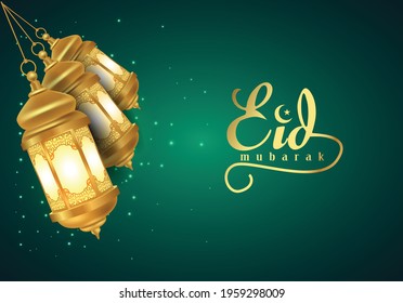 Eid Mubarak festival , beautiful greeting card and green background and Ornamental Arabic lantern hanging with burning light glowing at corner. vector illustration design