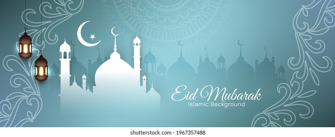 Eid mubarak festival celebration islamic mosque banner vector