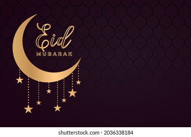 Eid Mubarak. Eid Festival Decorative Background with Golden Half Moon and Hanging Stars. Beautiful Islamic and Arabic background Vector.