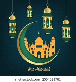 Eid Mubarak festival decorative greeting background with hanging lanterns