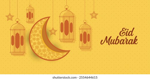Eid Mubarak festival decorative greeting background with hanging moon, star and lantern