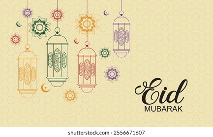 Eid Mubarak festival decorative greeting background with hanging lantern, moon and star