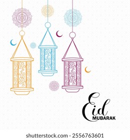 Eid Mubarak festival decorative greeting card design with hanging lantern and moon