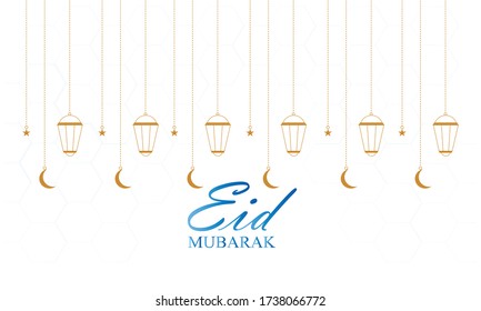 Eid mubarak festival greeting with lamps and moon. ramadan mubarak vector illustration.