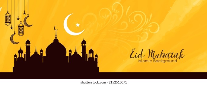 Eid Mubarak festival islamic yellow banner with mosque vector
