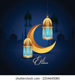  Eid Mubarak ,festival of lights, design card, banner, poster. Illustration of Ramadan Kareem background, with lanterns and Moon.