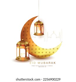 Eid Mubarak ,festival of lights, design card, banner, poster. Illustration of Ramadan Kareem with lanterns and  golden Moon.