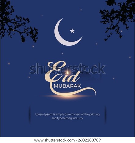 Eid Mubarak festive banner design in blue color background. night view new moon in the sky.
