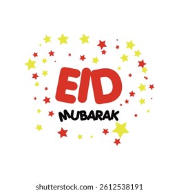 Eid mubarak festive text design with stars in red and yellow.