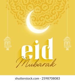 eid mubarak festive yellow background with glowing crescent vector