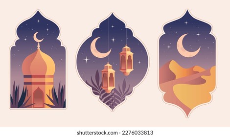 Eid Mubarak flat atmospheric vector illustration, evening desert, starry night moon