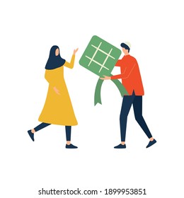 Ilustración plana de Eid Mubarak con el hombre le da un ketupat a la mujer