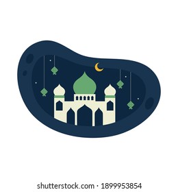 Eid mubarak flat illustration with Mosque and ketupat hanging
