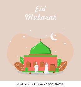 Eid Mubarak flat illustration vector design with a mosque, leafs and people. Can be used for poster, banner, greeting card, invitation card, background, wallpaper.